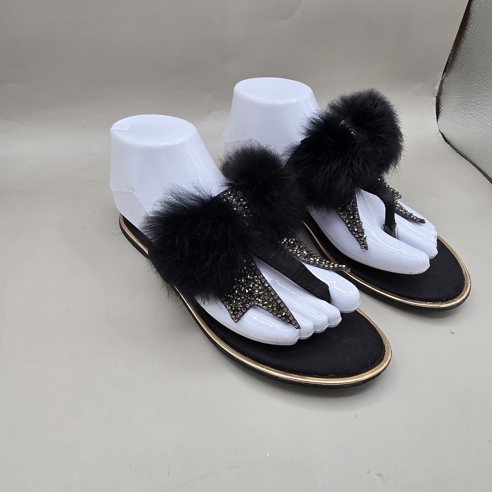 ROGER VIVIER Paris Embellished Satin Fur Thong Sandals Preloved Size 7 Black